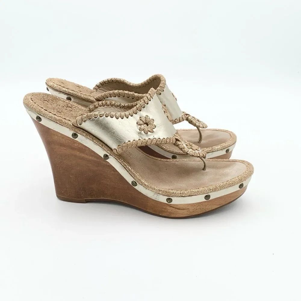 Jack Rogers Marbella Gold Leather Wedge Sandals Women’s 8 Metallic Thong Heels